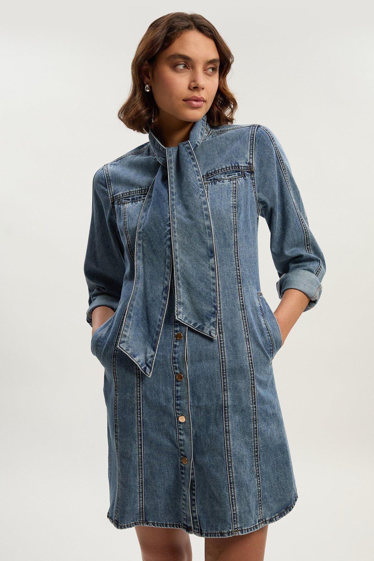 Denim Pussy Bow Shirt Dress
